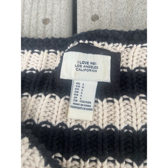 I Love H81 Black Cream Chunky Rib Knit Striped Pullover Sweater Women’s L - Picture 4 of 12